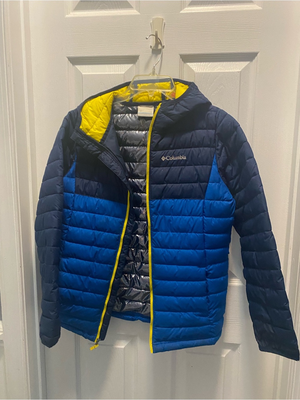 Columbia Kids Blue and Navy Hooded Puffer Jacket with Yellow Trim